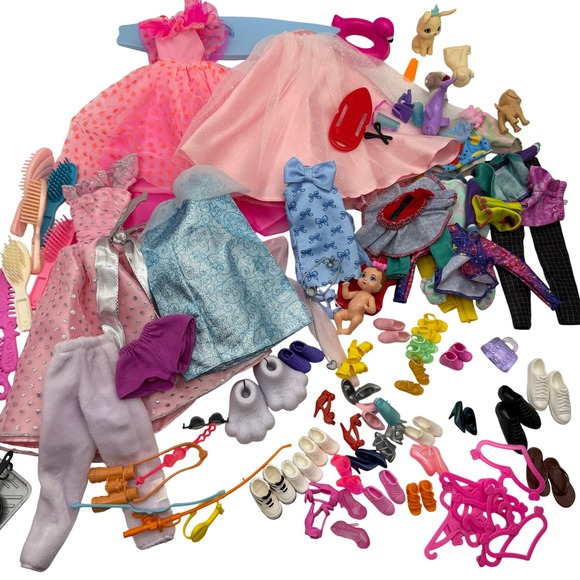 Barbie Other - Barbie Doll Clothes and Accessories Lot Dresses Animals Surfboard Microscope